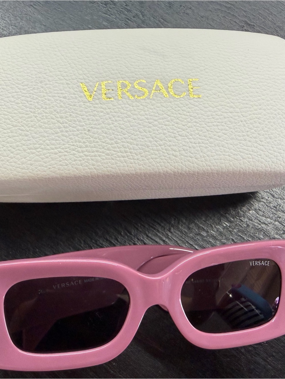 Versace Pink Rectangular Sunglasses with Gold Logo Case